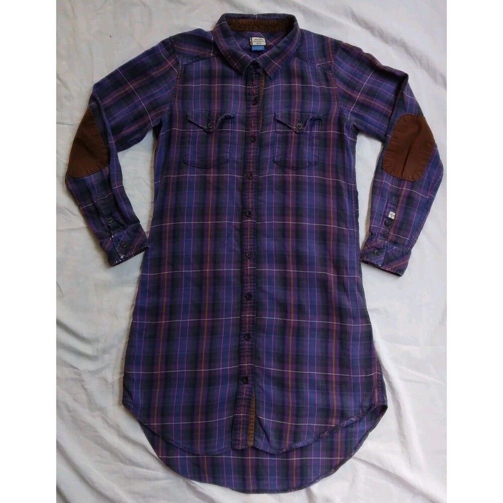 Kavu Purple Plaid Shirt Dress Corduroy Elbow Patch Tunic Gorpcore Granola Girl S